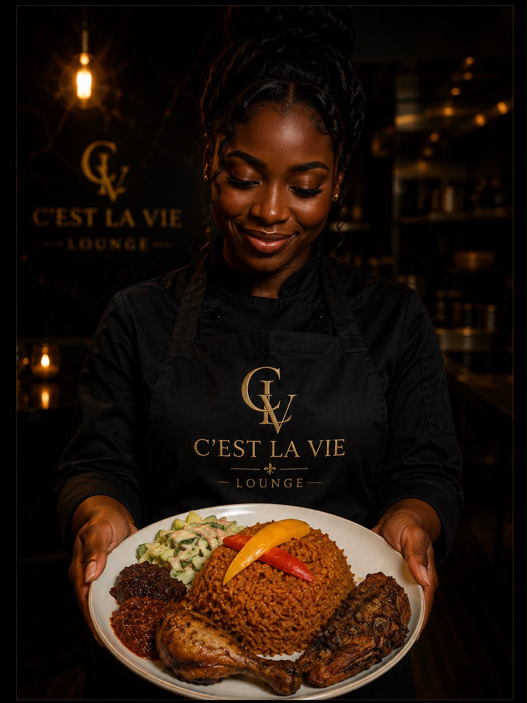 Chef presenting a plate of Jollof at C'est La Vie Lounge